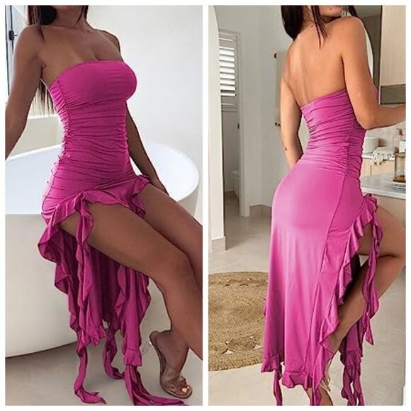 Balimtoy Women's Y2k Ruffle Dress Strapless Split Thigh Ruched Bodycon Midi Tube - Picture 5 of 5